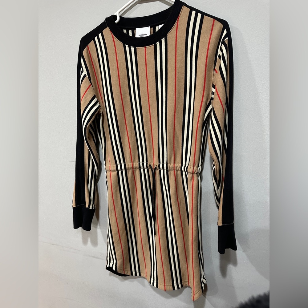 Burberry Tan, Black & Red Striped Long Sleeve Kids Dress